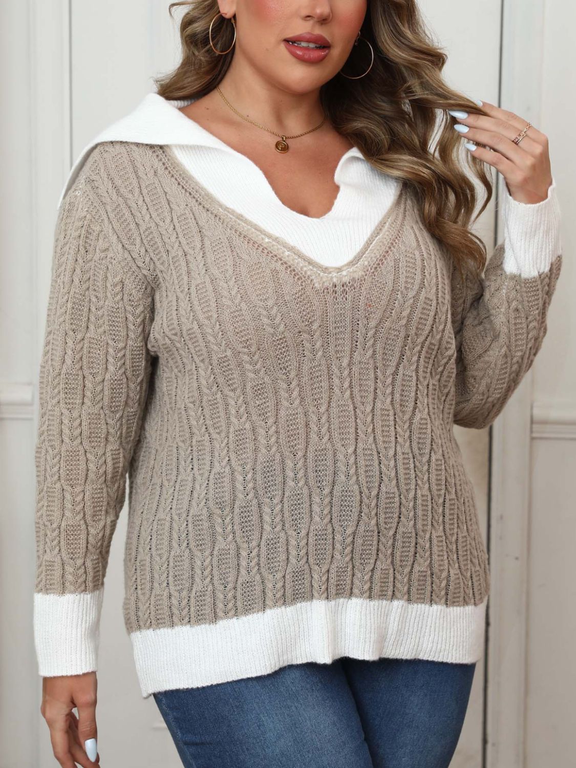 Plus Size Contrast Trim Collared Neck Sweater - -