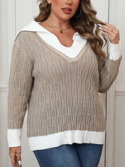 Plus Size Contrast Trim Collared Neck Sweater - -