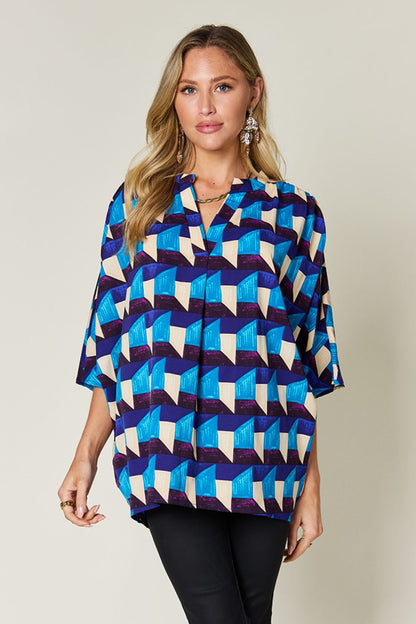 Double Take Full Size Geometric Notched Half Sleeve Blouse - Sky Blue -