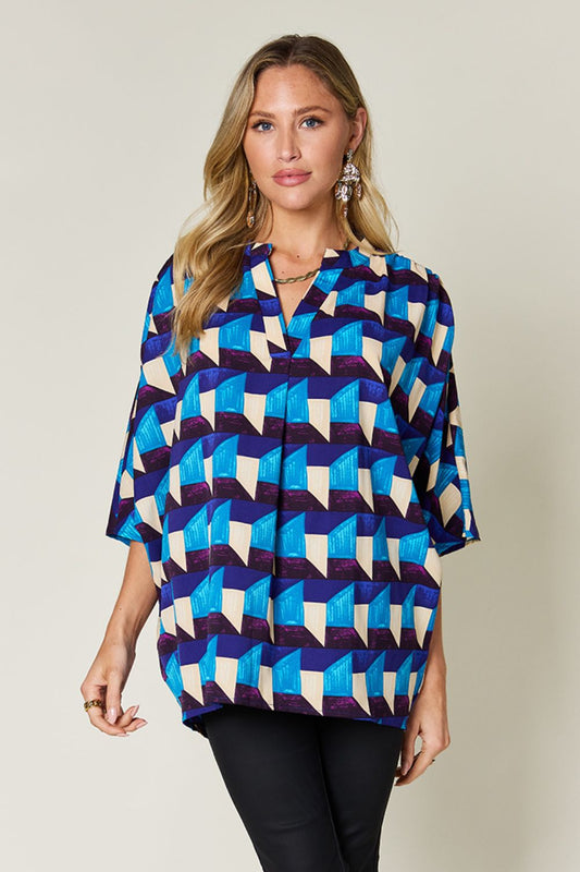 Double Take Full Size Geometric Notched Half Sleeve Blouse - Sky Blue -