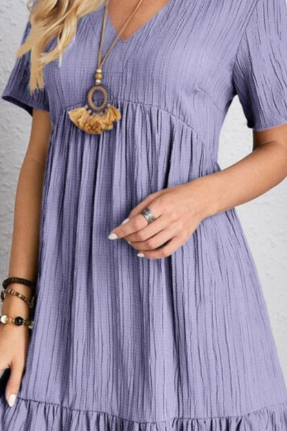 Full Size V-Neck Short Sleeve Dress - -