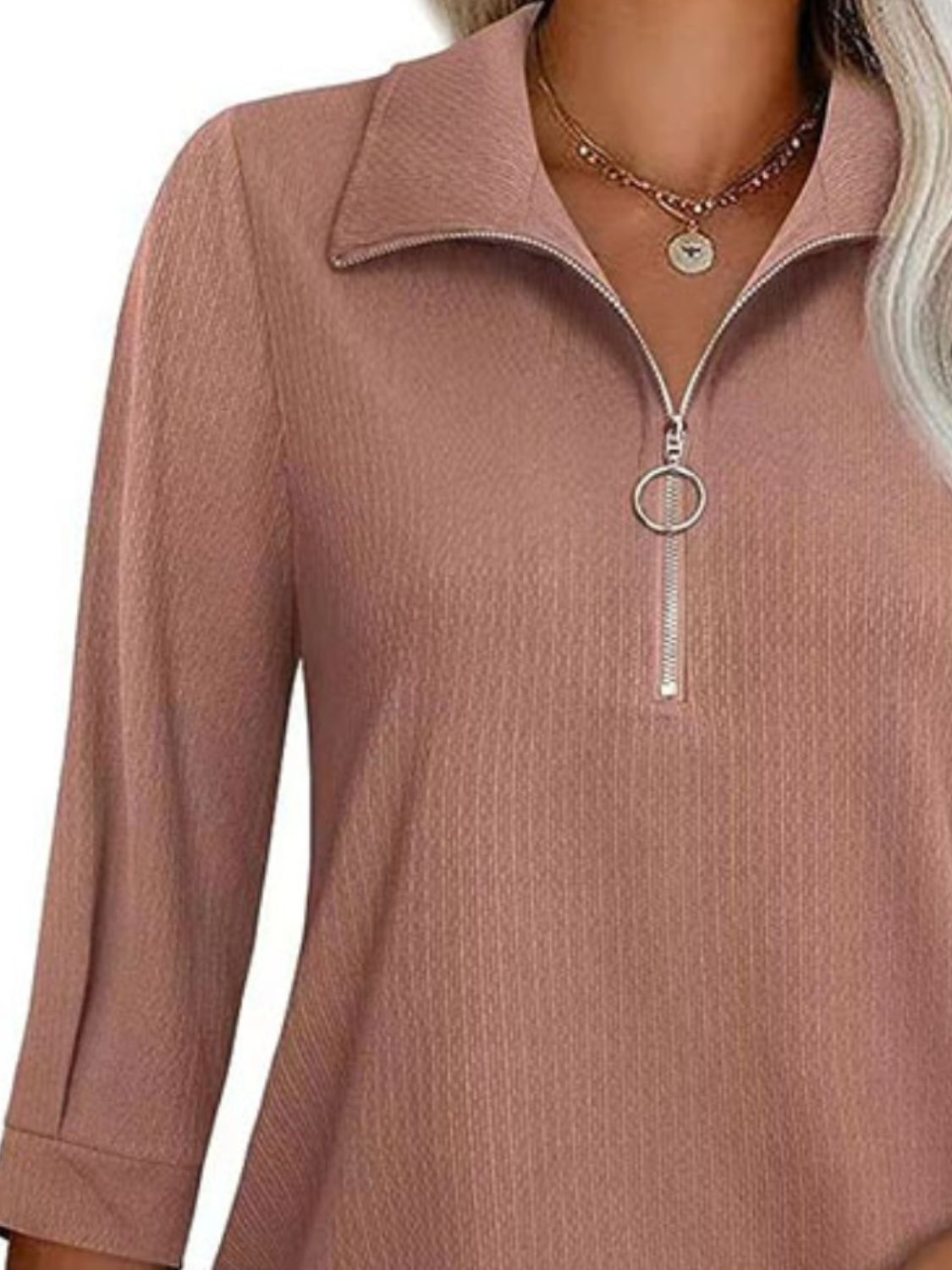 Half Zip Collared Neck Three-Quarter Sleeve T-Shirt - -