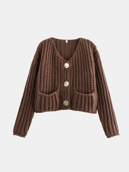 Chunky Knit Button-Down Cardigan – Gold Accent & Soft Texture - -