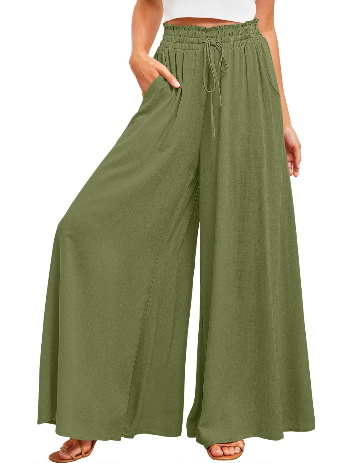 Wide Leg Pants with Pockets - -