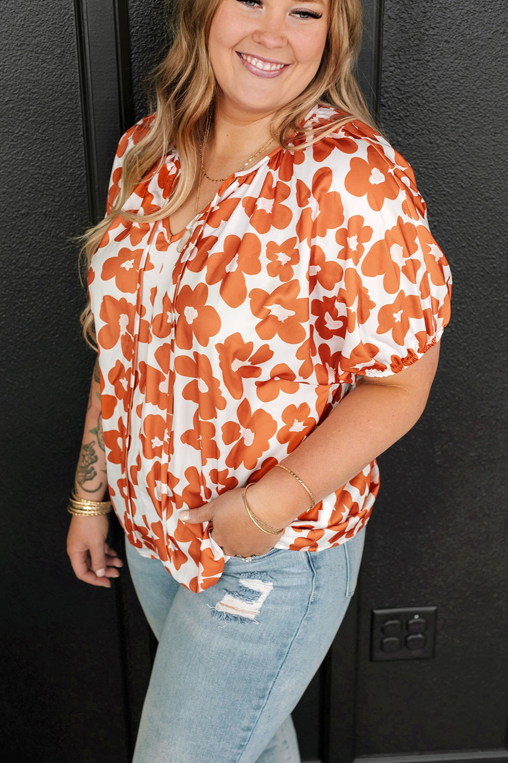 Plus Size Printed Tie Neck Short Sleeve Blouse - -