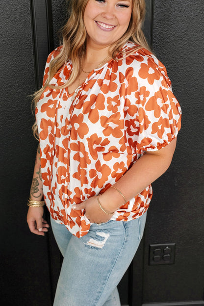 Plus Size Printed Tie Neck Short Sleeve Blouse - -