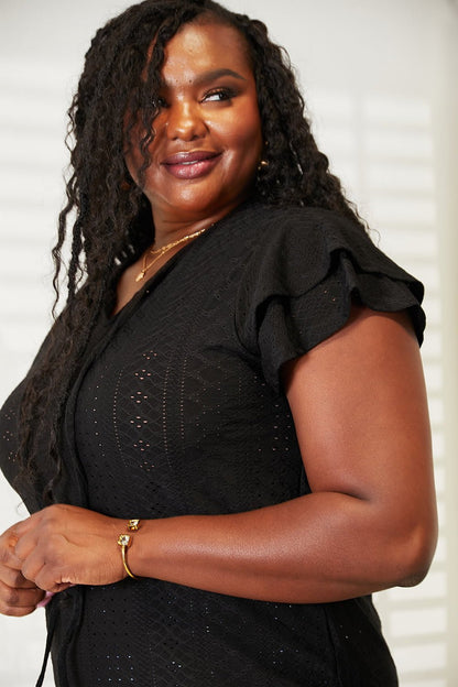 Mandy Eyelet Tie-Neck Flutter Sleeve Blouse - -