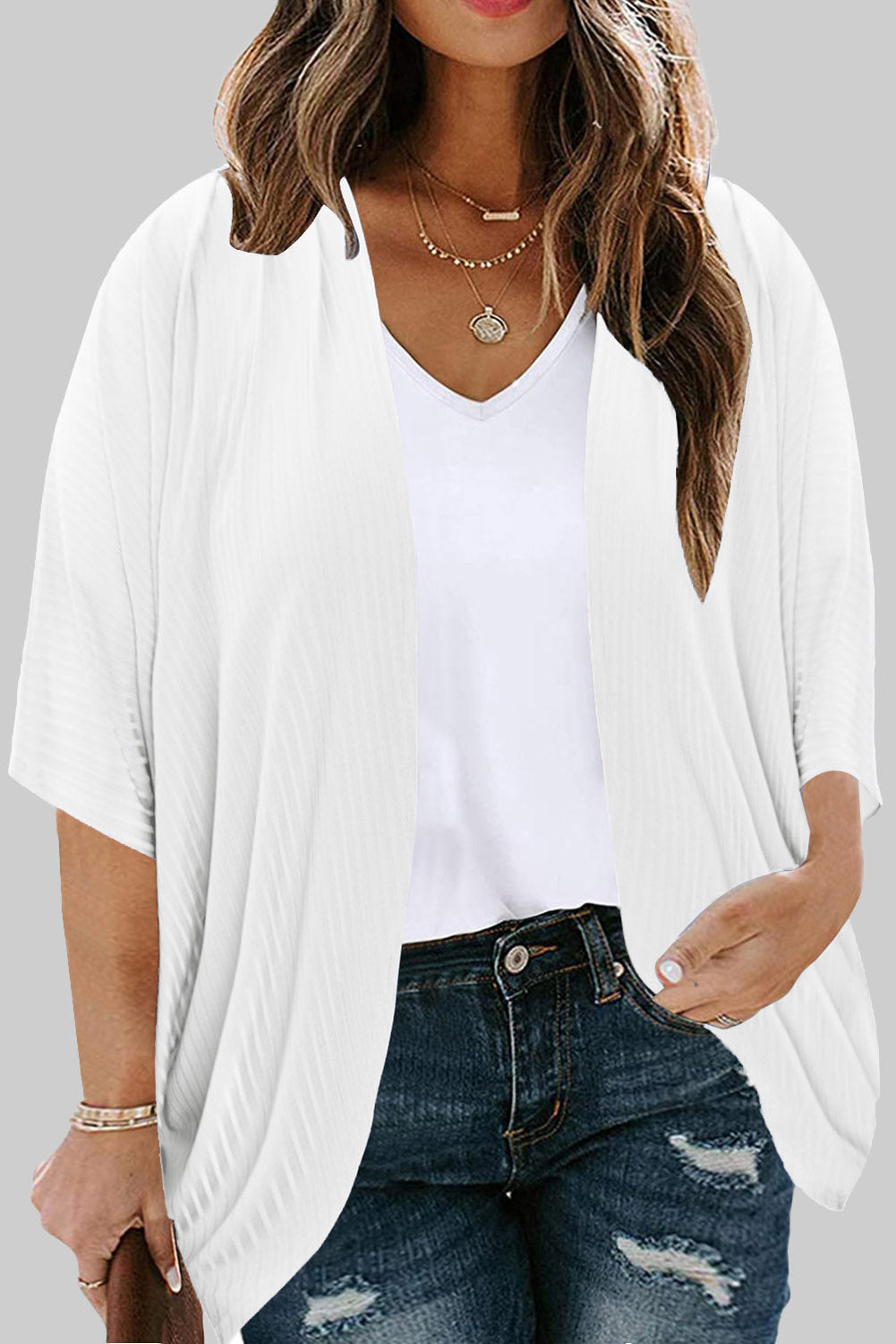 Plus Size Ribbed Cocoon Cover Up - White -