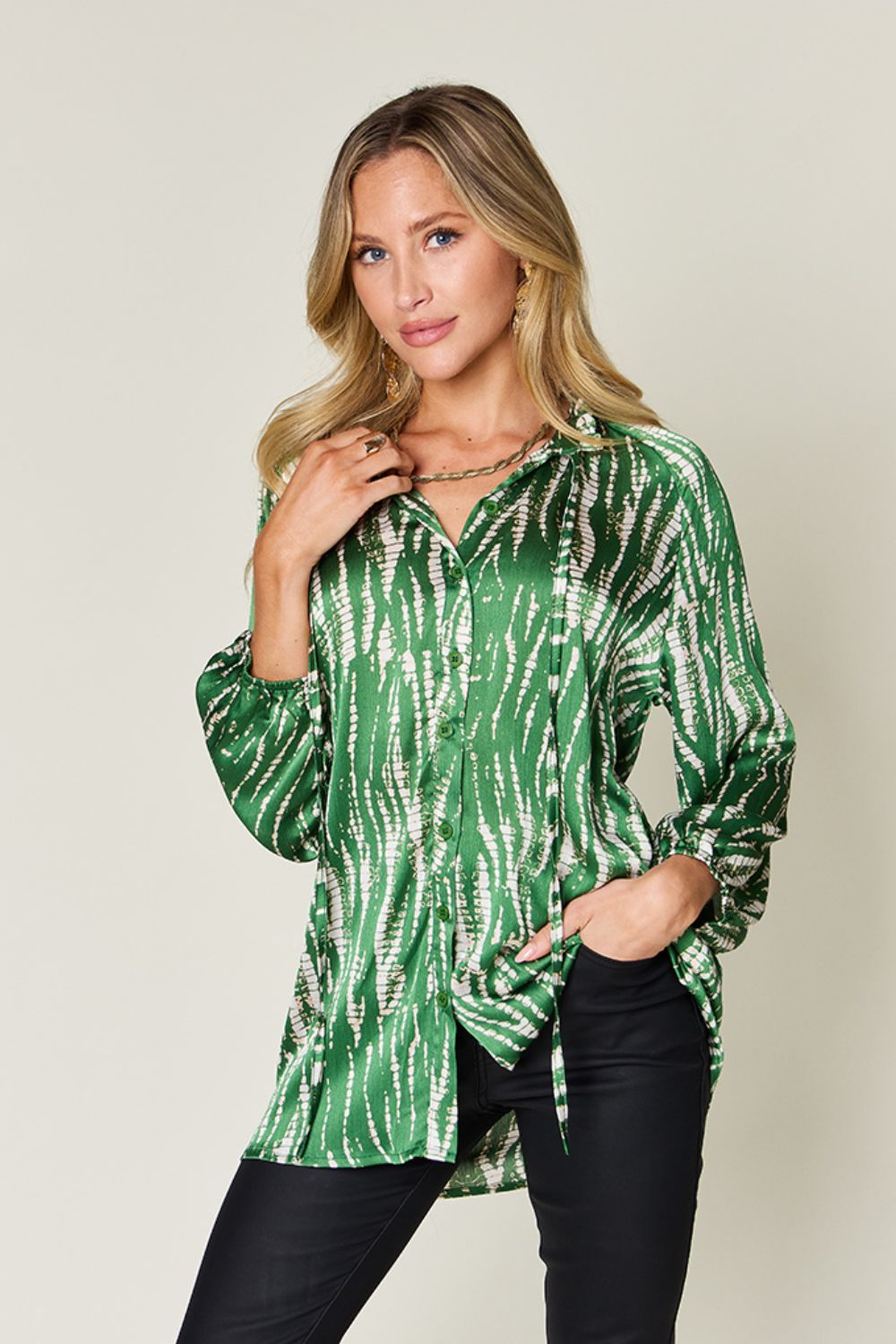 Double Take Full Size Printed Button Up Long Sleeve Shirt - Dark Green -