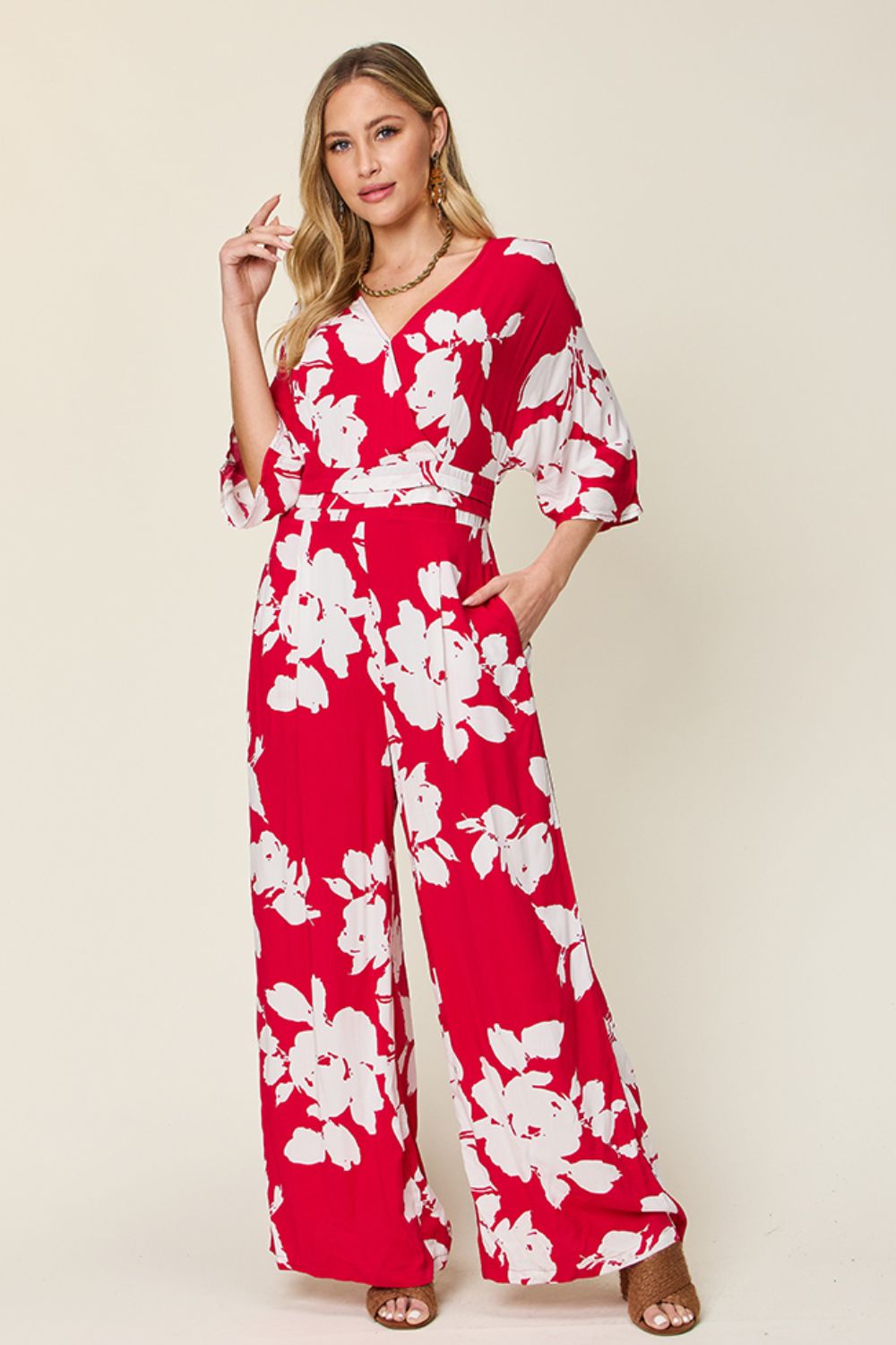 Double Take Full Size Printed Tie Back Wide Leg Jumpsuit - Deep Rose -