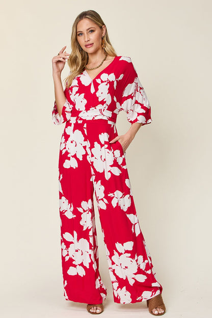 Double Take Full Size Printed Tie Back Wide Leg Jumpsuit - Deep Rose -