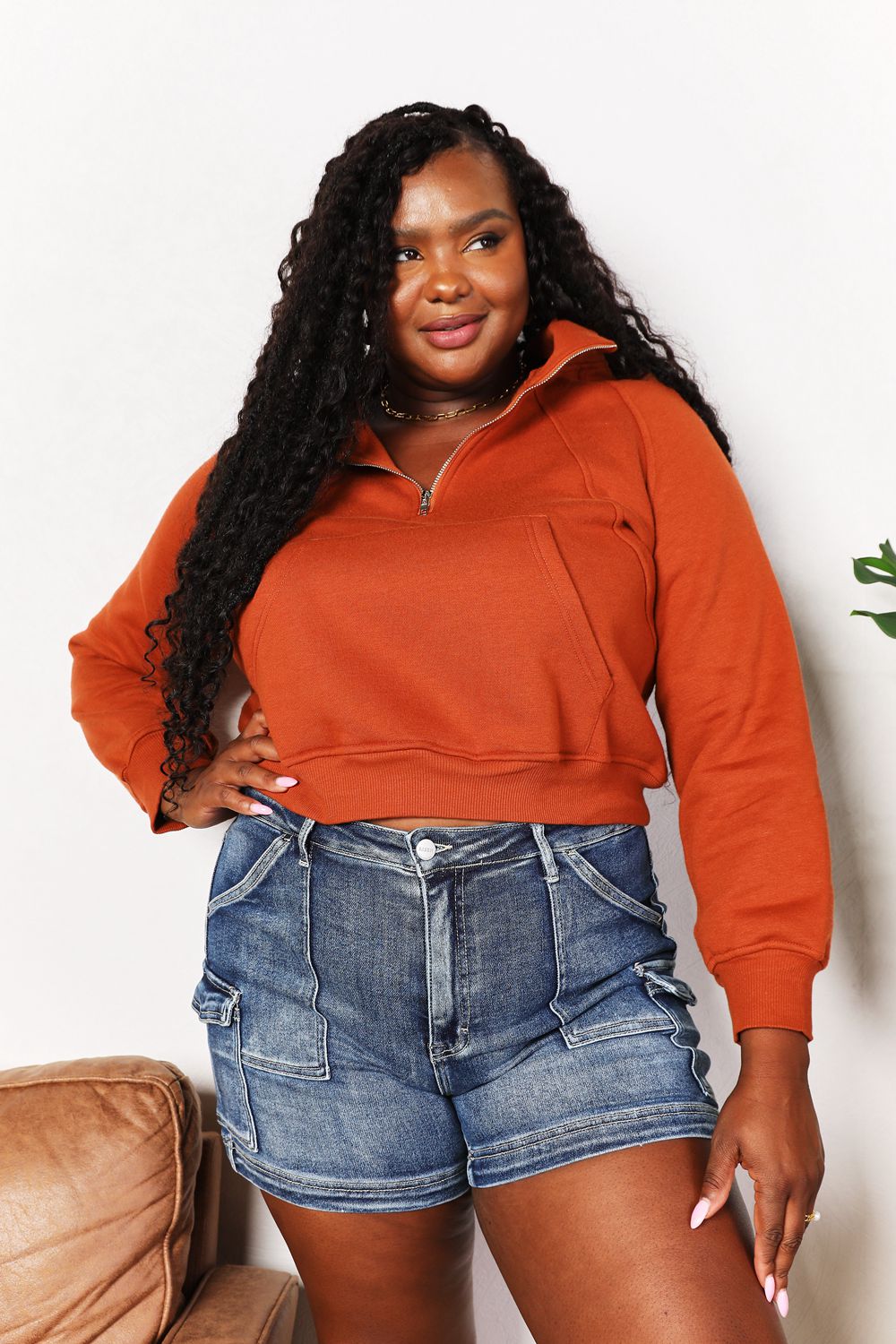 Double Take Half-Zip Long Sleeve Hoodie - Caramel -