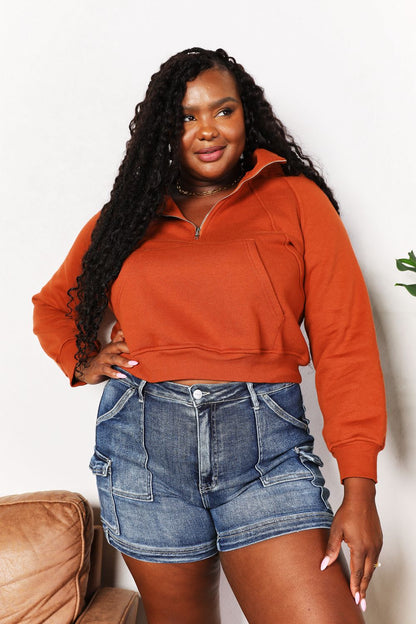 Double Take Half-Zip Long Sleeve Hoodie - Caramel -
