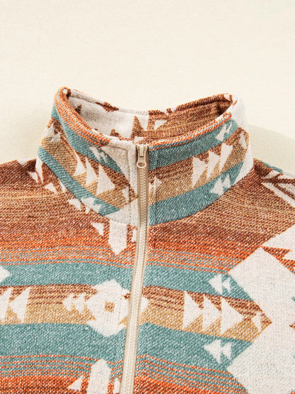 Multicolor fleece pullover with zip-up collar and Southwestern geometric pattern.