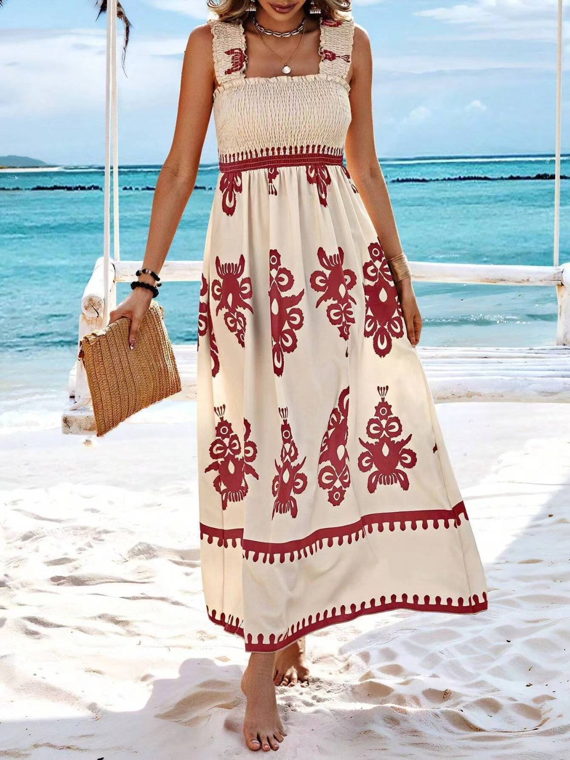 Smocked Printed Wide Strap Maxi Dress - -