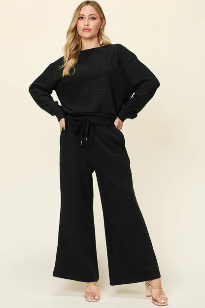 Double Take Full Size Texture Long Sleeve Top and Pants Set - Black -