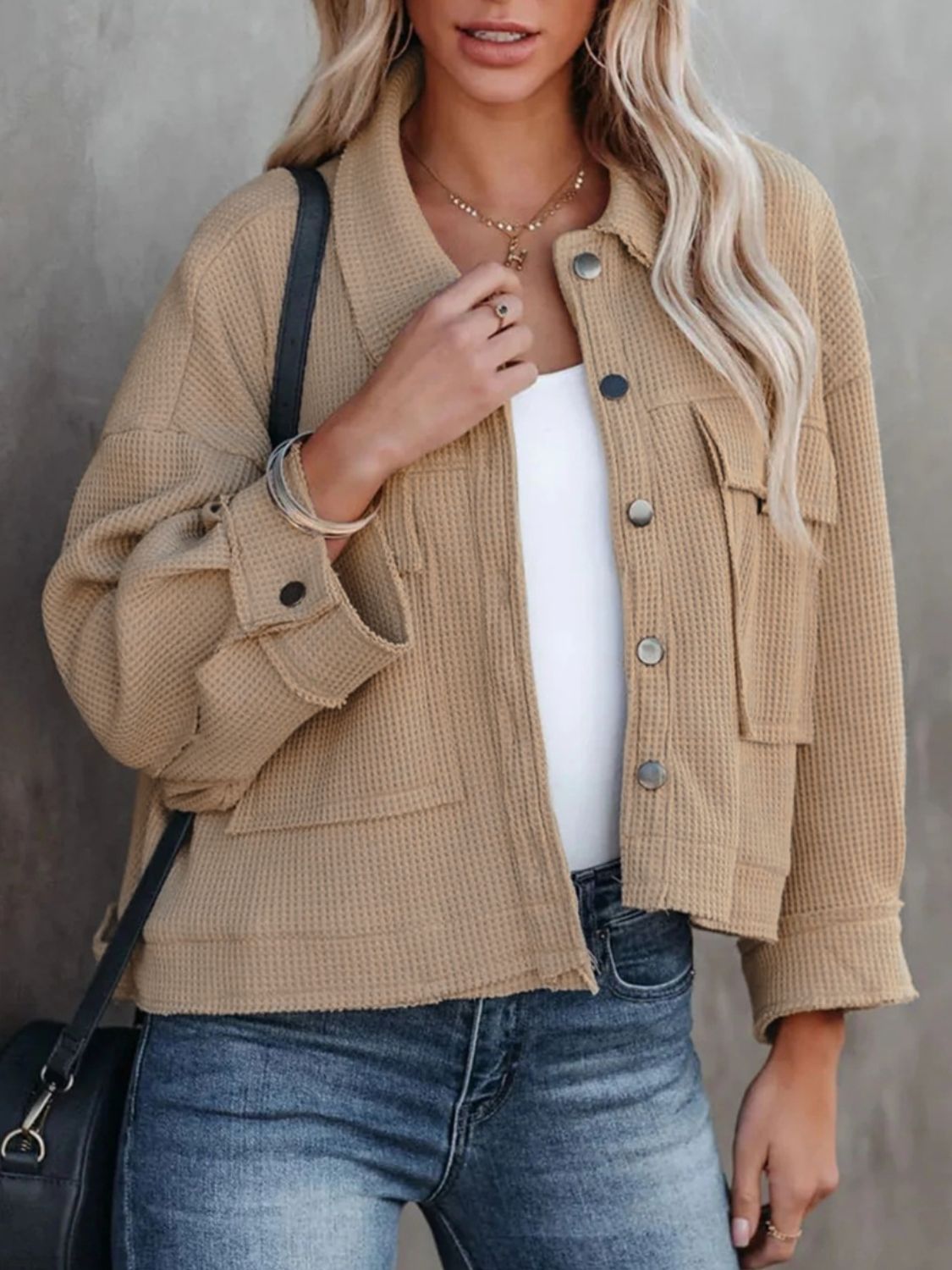 Button Up Long Sleeve Jacket - Camel -