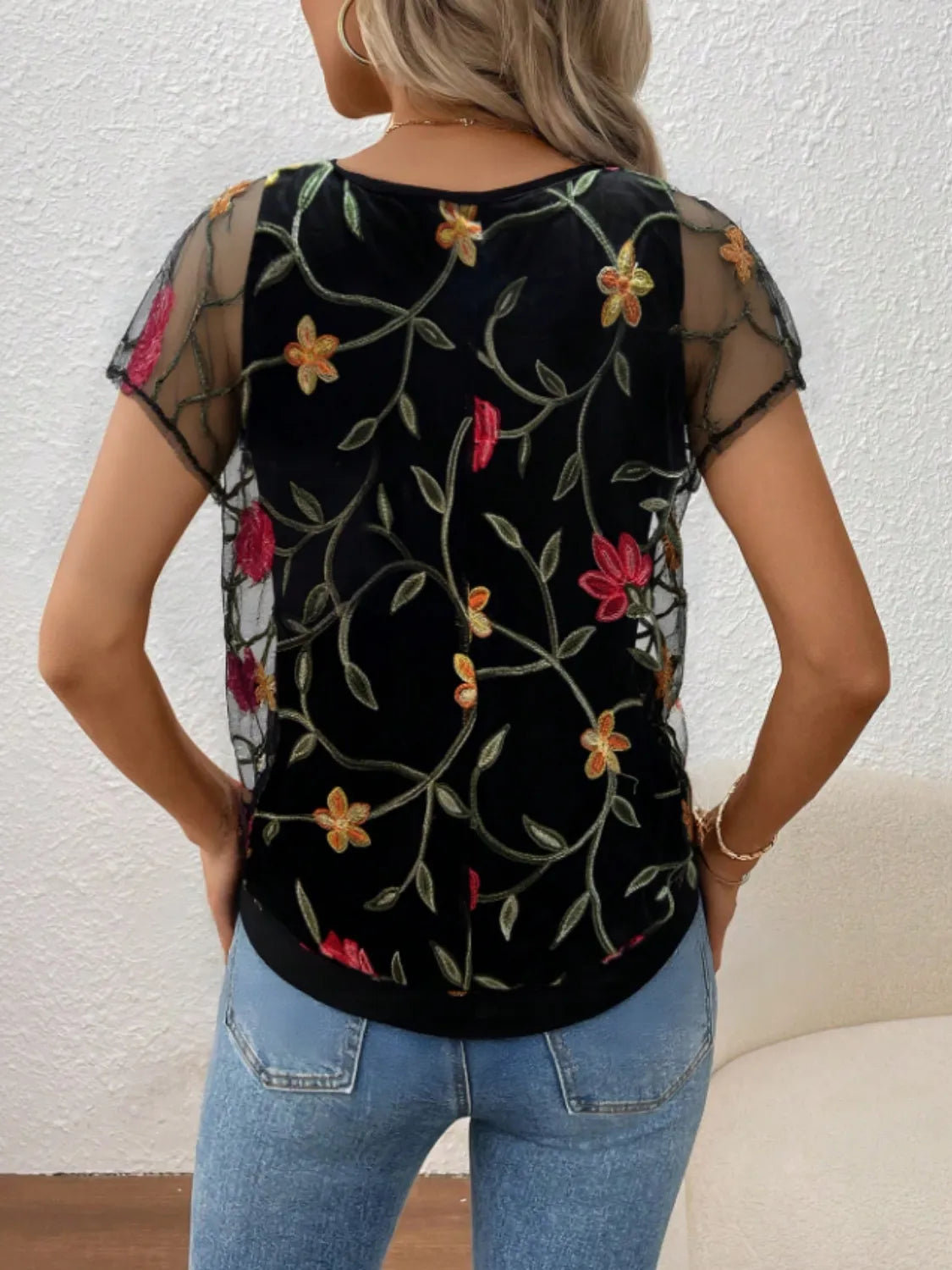 Floral Short Sleeve Sheer Top - -