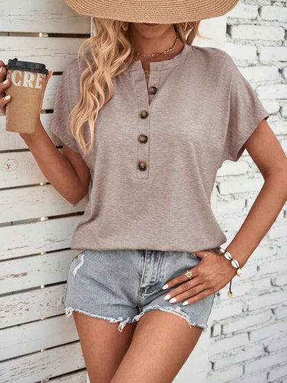 Half Button Short Sleeve Top - Mocha -