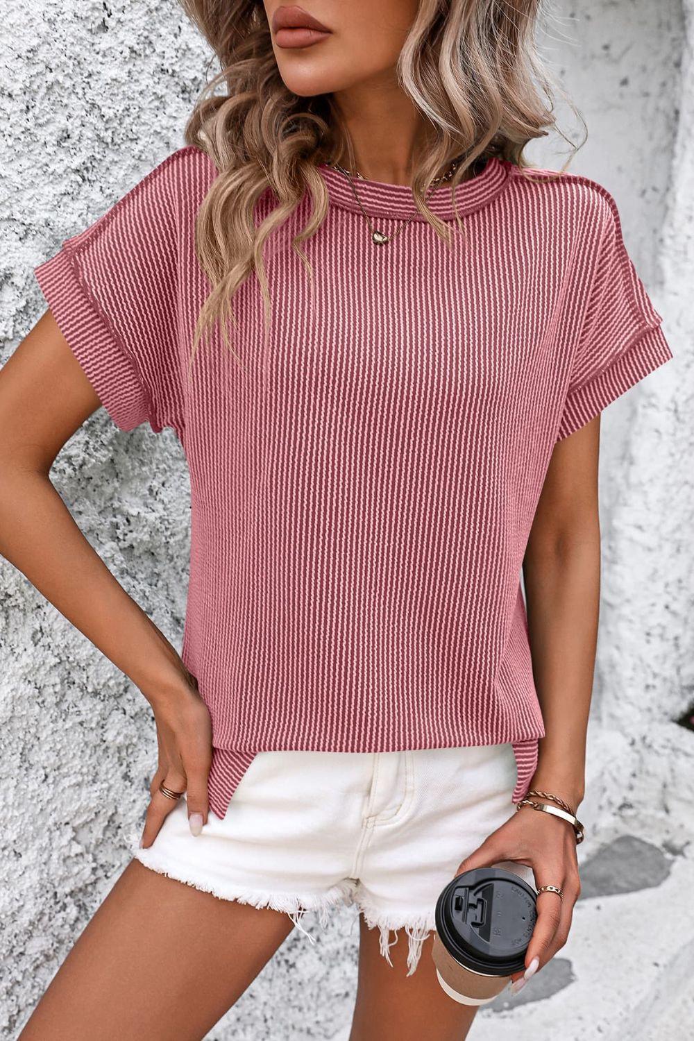 Mandy Striped Round Neck Short Sleeve T-Shirt - Deep Rose -