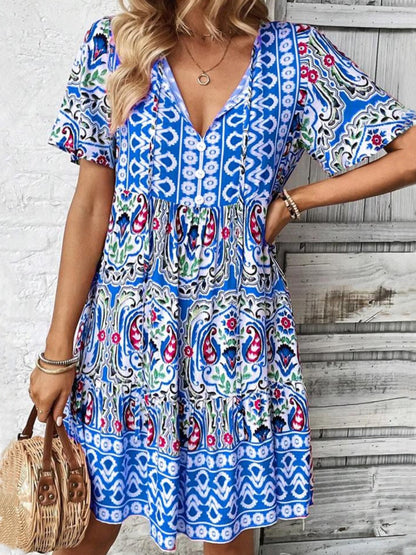 Printed Tie Neck Short Sleeve Dress - Blue -