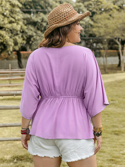 Plus Size Lace Detail Round Neck Three-Quarter Sleeve Blouse - -