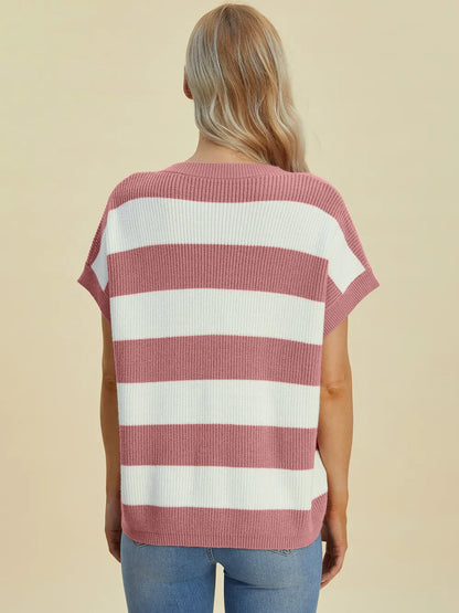 Double Take Full Size Striped V-Neck Short Sleeve Sweater - -