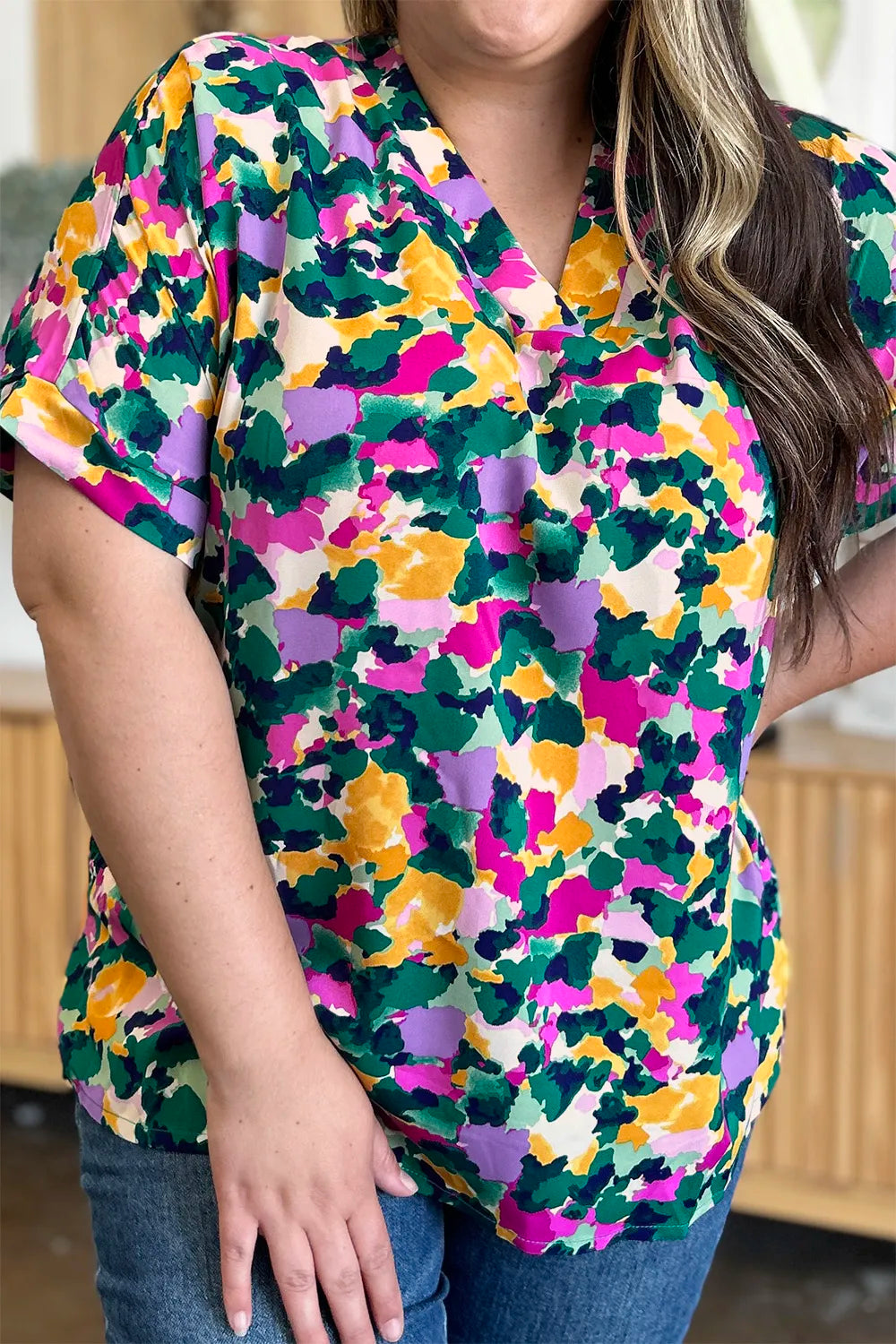 Double Take Full Size Printed V - Neck Short Sleeve Side Slit Top – | Shannon’s Chique Boutique