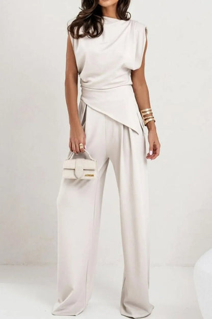 Luxe Asymmetrical Ruched Set - Elevated Wide-Leg Ensemble - White -