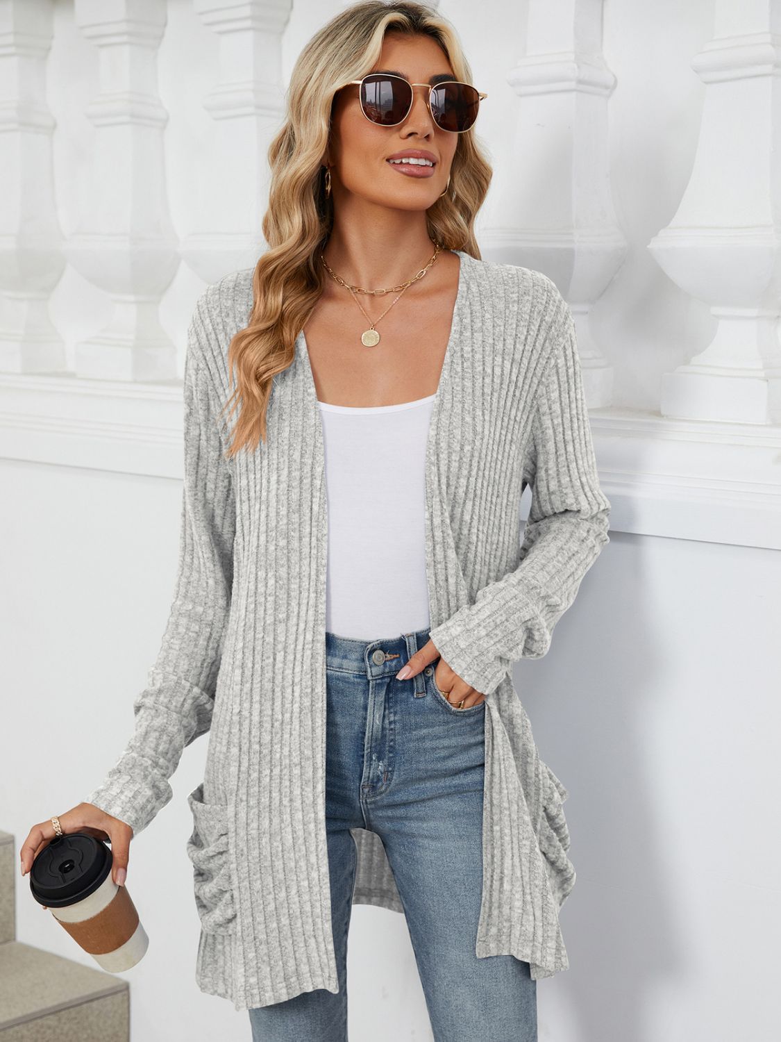 Pocketed Open Front Long Sleeve Cardigan - Light Gray -