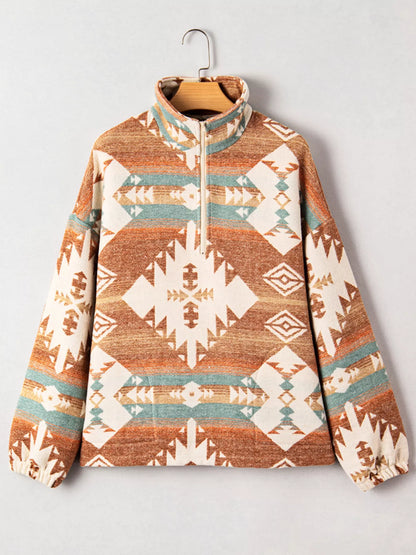 Southwest Print Pullover, brown and cream, fleece jacket with quarter-zip front and tribal pattern design.