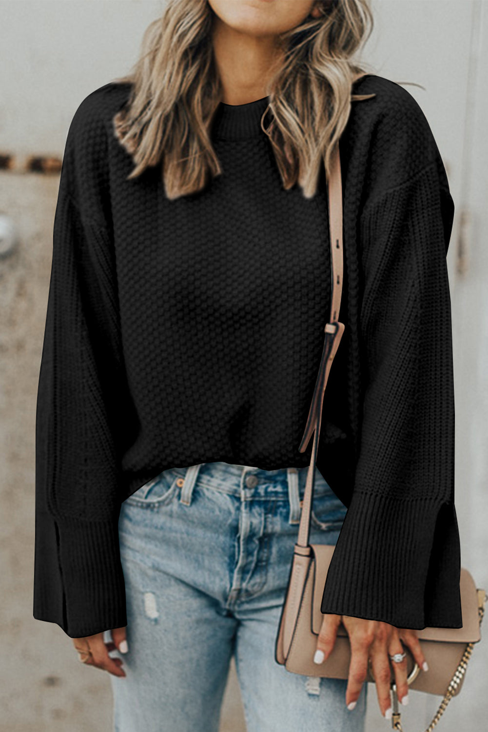 Textured Round Neck Long Sleeve Sweater