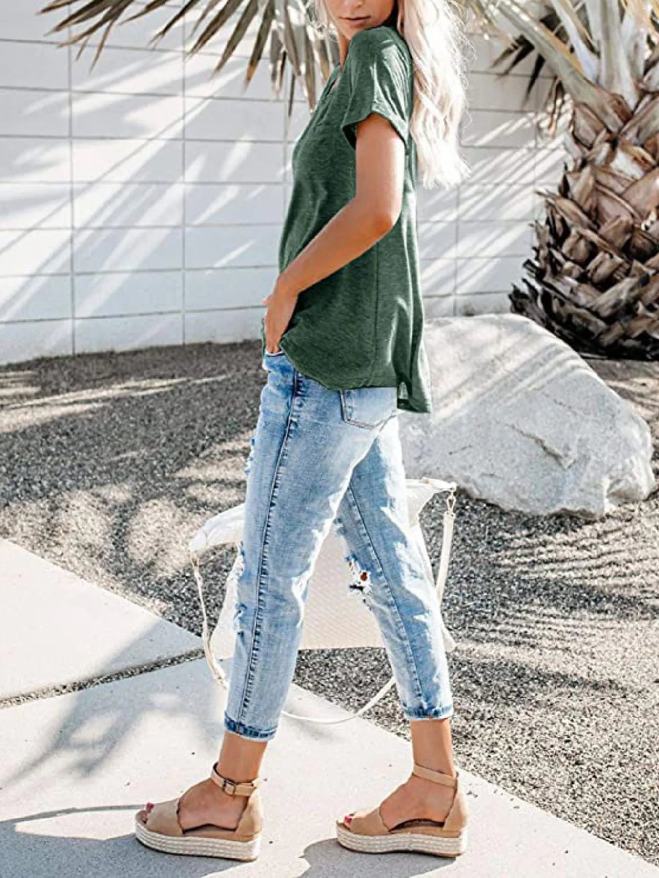 Full Size Notched Short Sleeve T-Shirt Plus Size - -