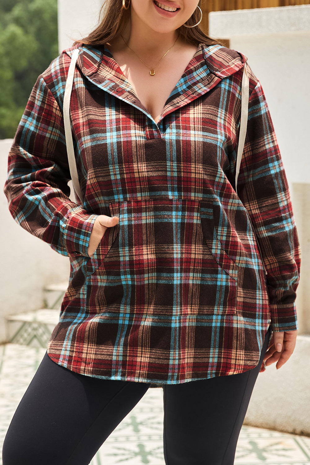 Plus Size Drawstring Plaid Quarter Button Hoodie - Burgundy -