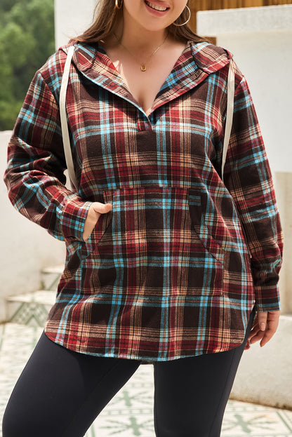Plus Size Drawstring Plaid Quarter Button Hoodie - Burgundy -