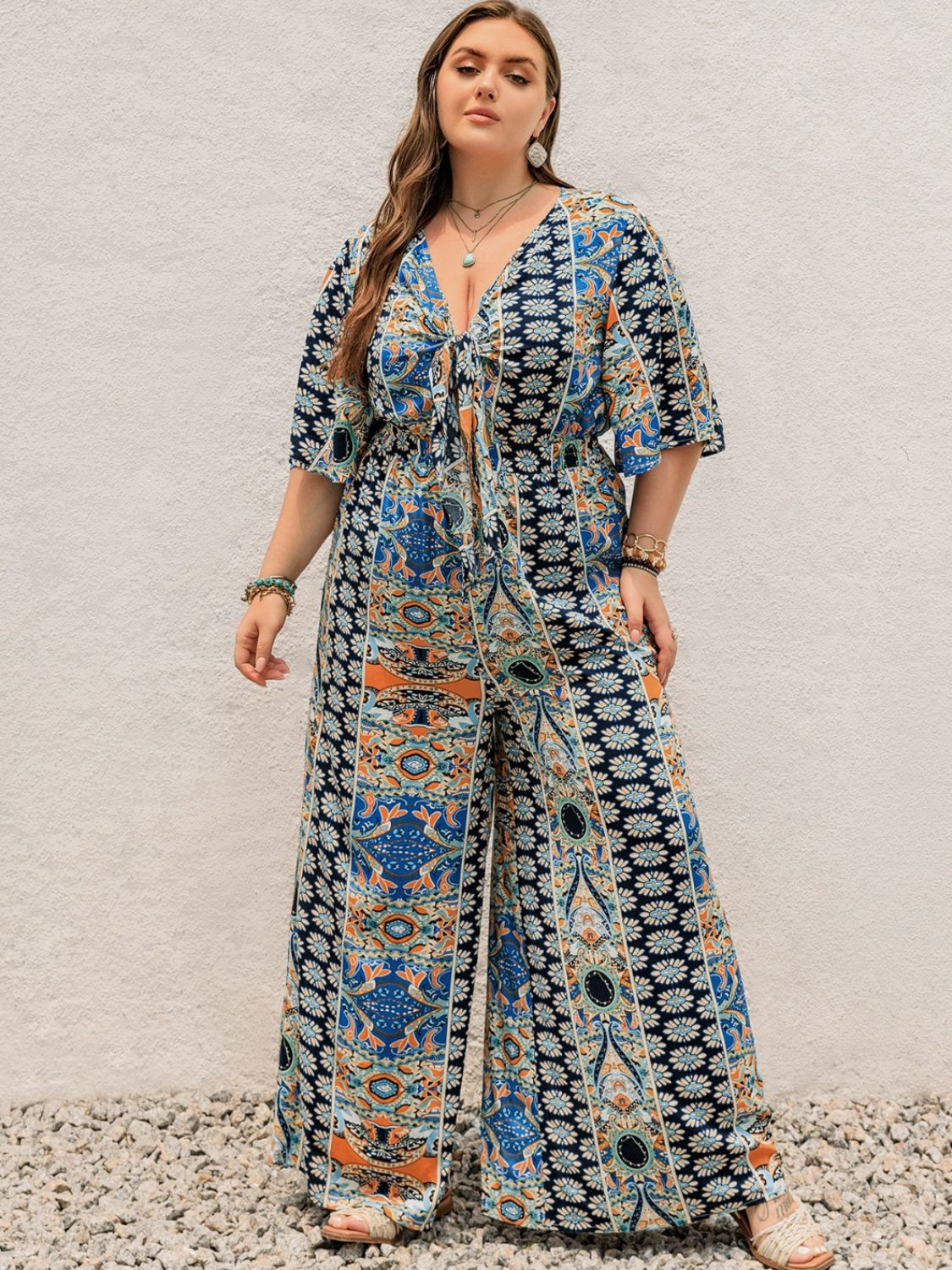 Plus Size Printed Half Sleeve Wide Leg Jumpsuit - Peacock Blue -
