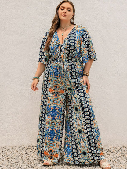 Plus Size Printed Half Sleeve Wide Leg Jumpsuit - Peacock Blue -