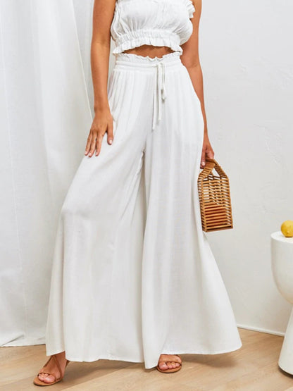 Wide-Leg High Waist Pants – Lightweight, Flowy Fit with Pockets - -