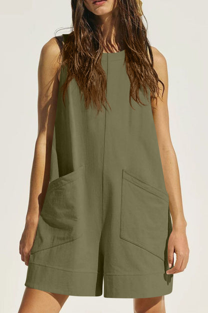 Lovelet Round Neck Sleeveless Romper with Pockets - -