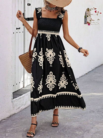 Smocked Printed Wide Strap Maxi Dress - -
