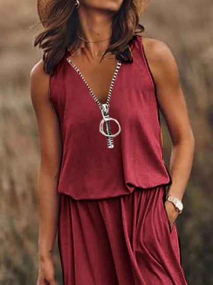 Full Size Half Zip Sleeveless Maxi Dress with Side Slit Plus Size - -