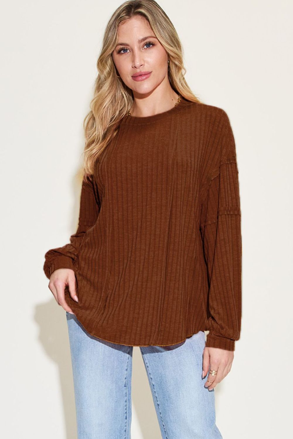 Basic Bae Full Size Ribbed Round Neck Long Sleeve T-Shirt - -