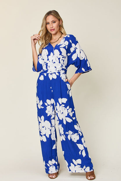 Double Take Full Size Printed Tie Back Wide Leg Jumpsuit - Royal Blue -