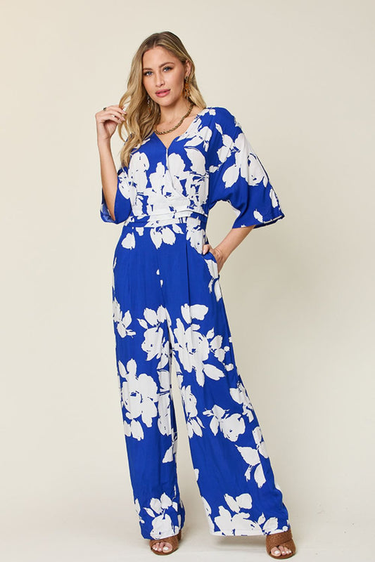 Double Take Full Size Printed Tie Back Wide Leg Jumpsuit - Royal Blue -