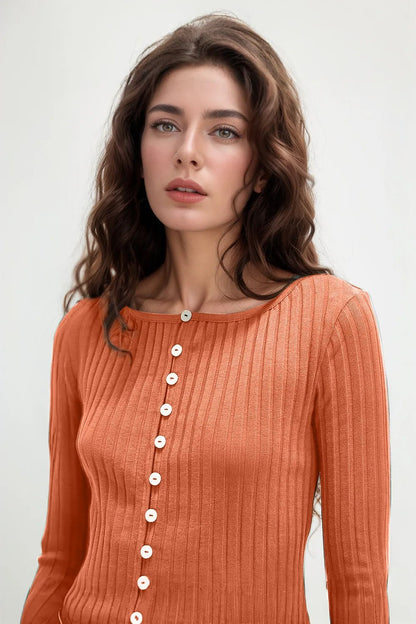 Basic Bae Texture Button Up Round Neck Long Sleeve Top - -