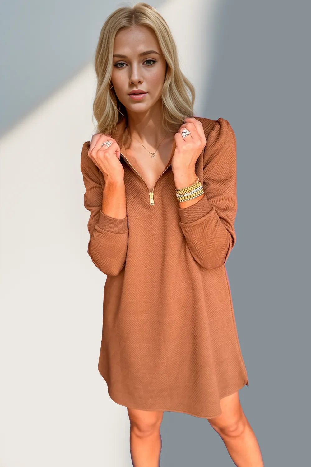 Double Take Textured Quarter Zip Long Sleeve Dress - -