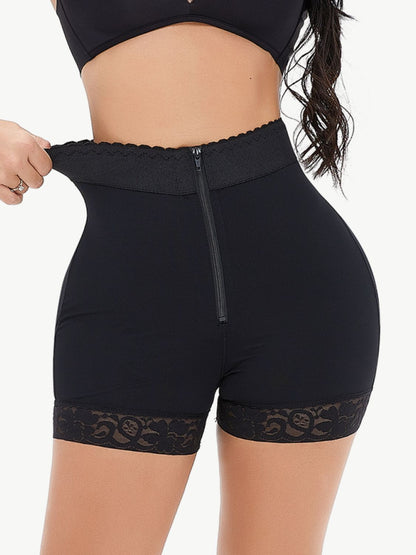 Full Size Zip-Up Lace Trim Shaping Shorts - Black -
