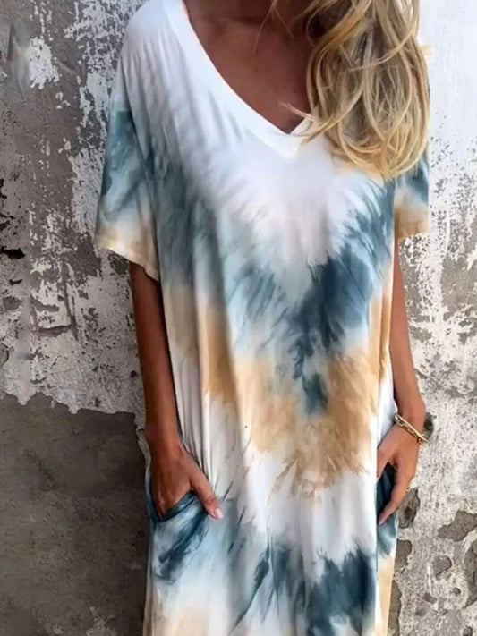 Full Size Tie-Dye V-Neck Midi Dress with Pockets Plus Size - Sherbet -
