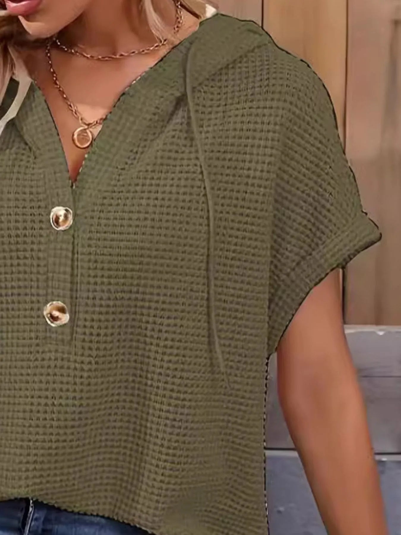 Drawstring Waffle Knit Short Sleeve Hoodie – | Shannon’s Chique Boutique