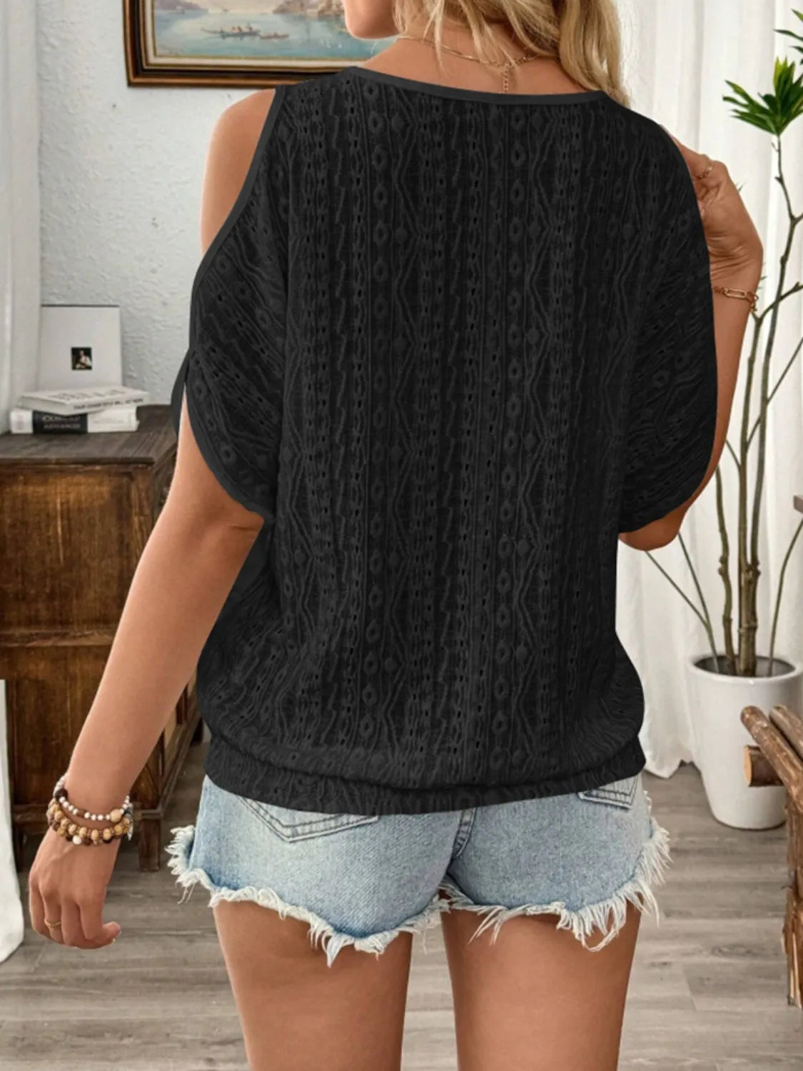 Eyelet Cold Shoulder Round Neck Blouse - -